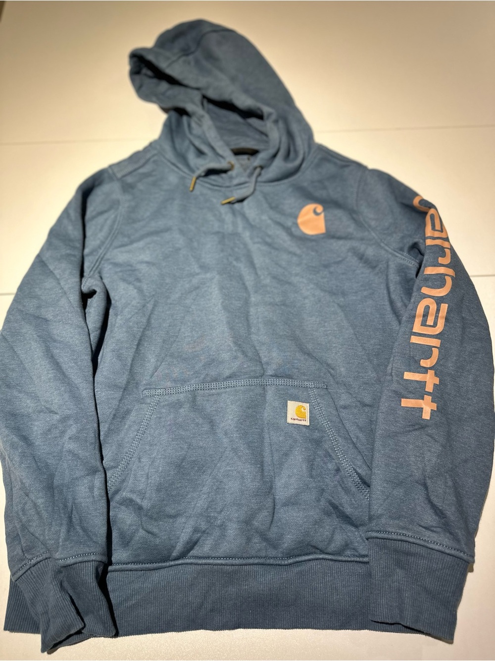 Carhartt Men’s Slate Blue Hooded Sweatshirt with Peach Logo